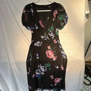 Dkny Pink and Purple Puff Sleeve V-Neck Midi Dress